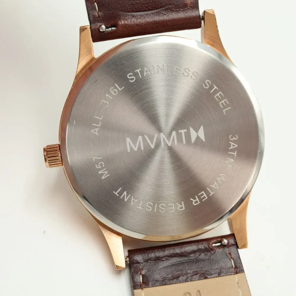 MVMT Mens Classic 45mm Black Date Watch Brown Leather Strap w New Battery